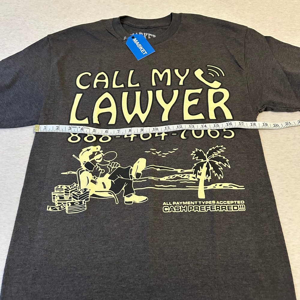 Market Mens Call My Lawyer Graphic T-Shirt Charcoal Grey Medium NEW - Picture 2 of 5